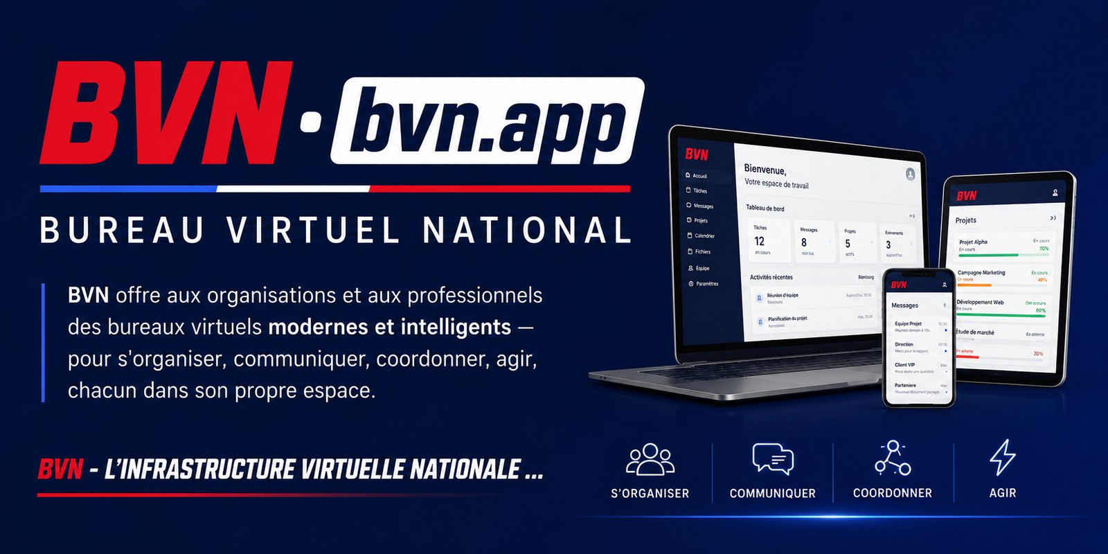 BVN — Bureau Virtuel National. Bureaux virtuels modernes et intelligents pour les organisations et les professionnels — s'organiser, communiquer, coordonner, agir.